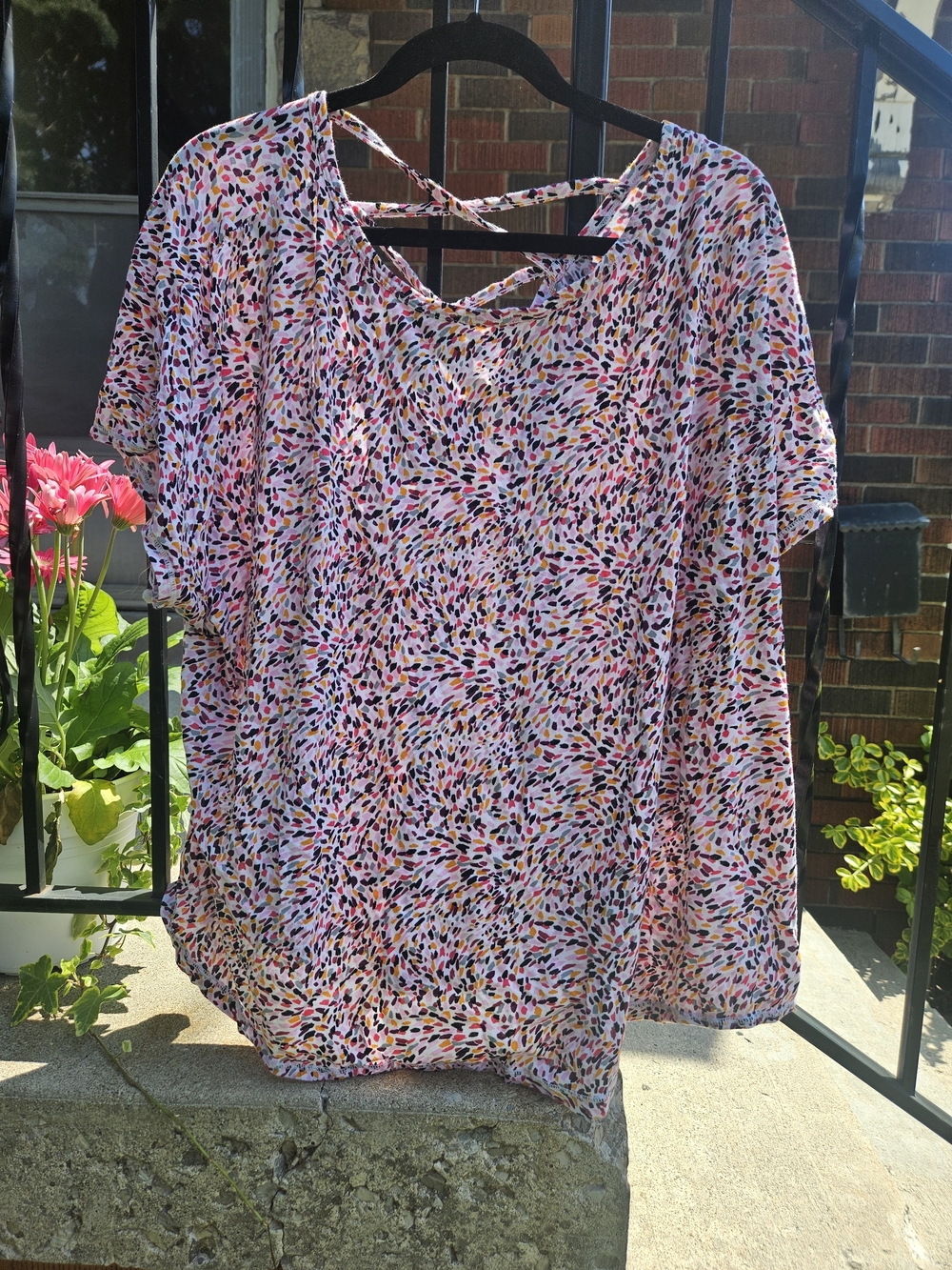 Women's Pink Multi-Print Short Sleeve Tee with Crisscross Back